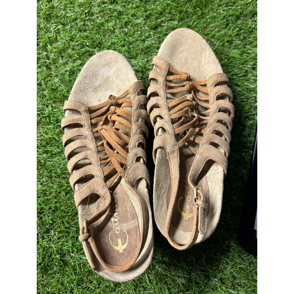 Earthies Saletta Taupe Khaki Suede Wedge Sandals Womens 8B Braided Jute Trim